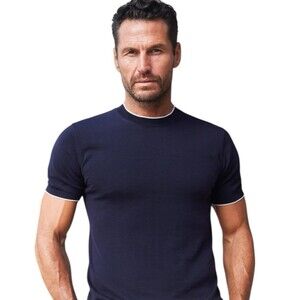 Collars and Co Amalfi Luxe Tee Mens 2XL Blue Wool Cotton Lightweight Sweater NWT